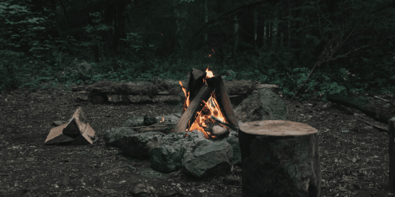 a photo of a bushcraft camp site in the woods with a camp fire and wood stump for use as a chair