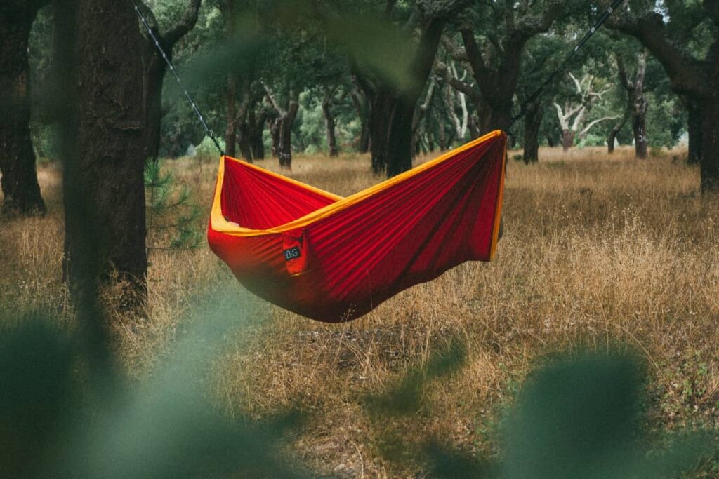 a photo of a red camping hammock in nature